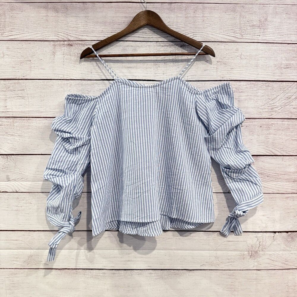 River Island Blue Striped Top Size Small Cold Shoulder Tie Sleeve Shirt Blouse